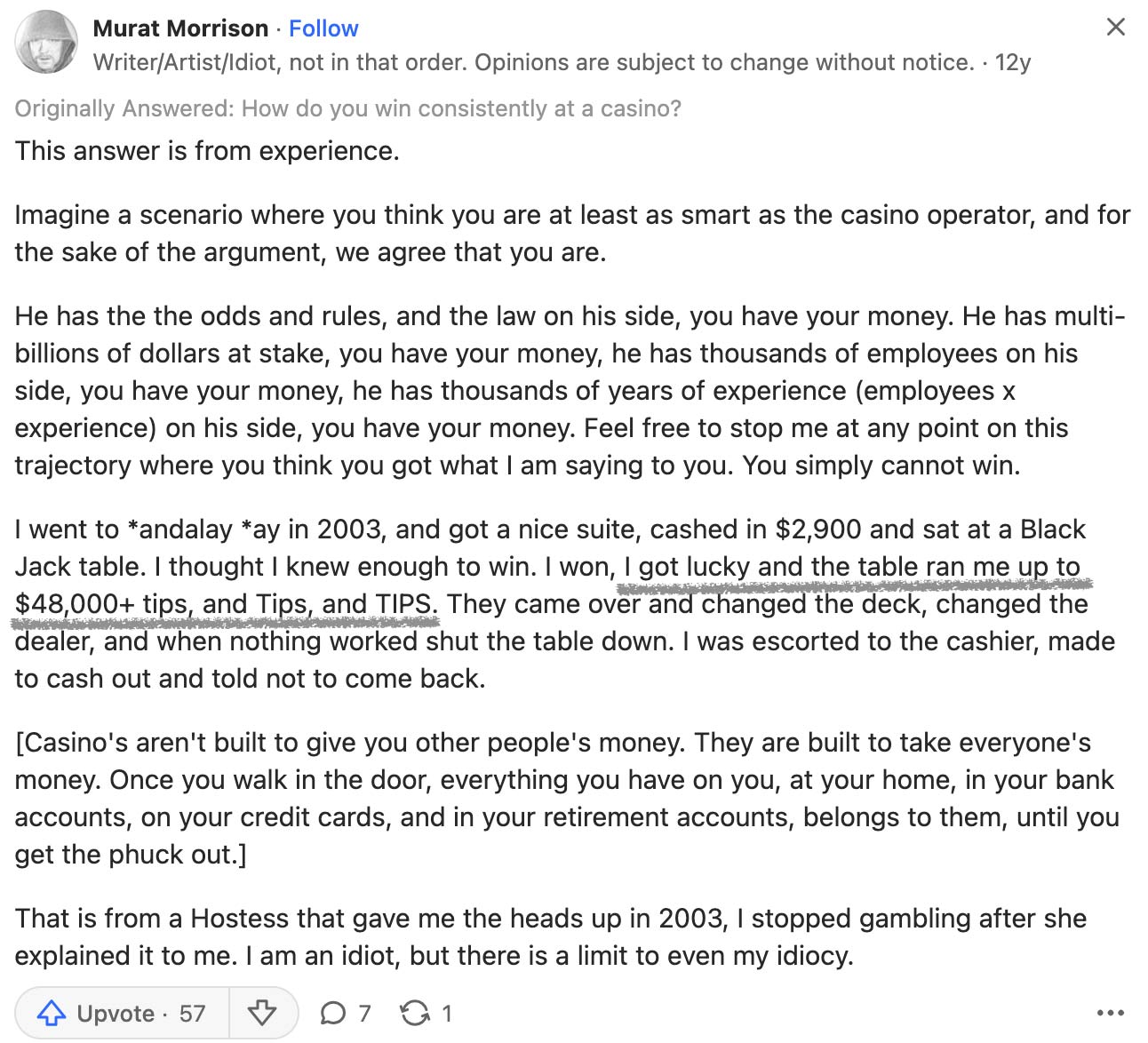 Casino hostess warns gambler about house edge