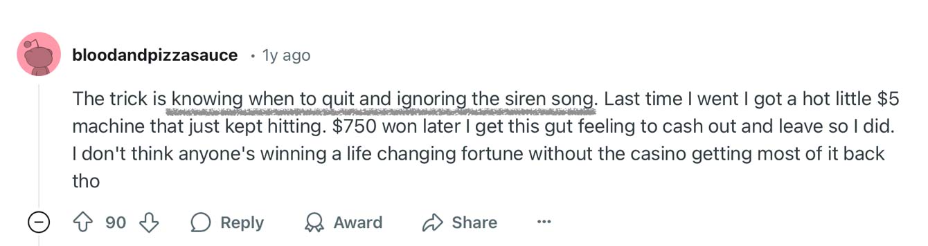 Comment about quitting casinos after a big win